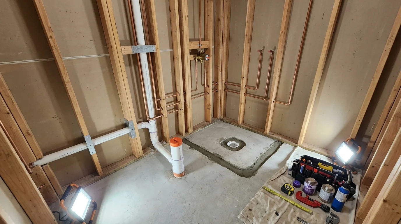 Bathroom rough-in plumbing during remodel by Johns Plumbing LLC in Santa Claus