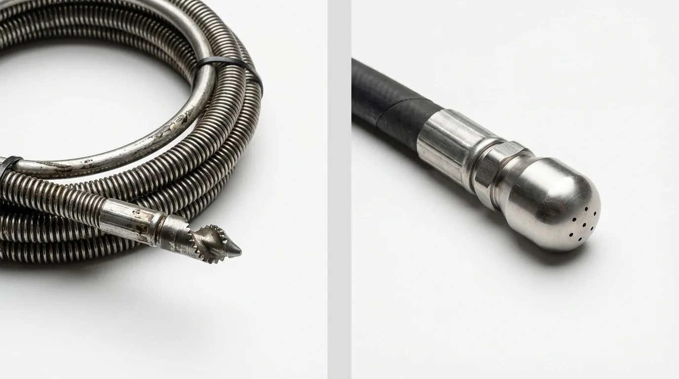 Drain snake cable and hydro jetting nozzle used for drain cleaning in Santa Claus, IN