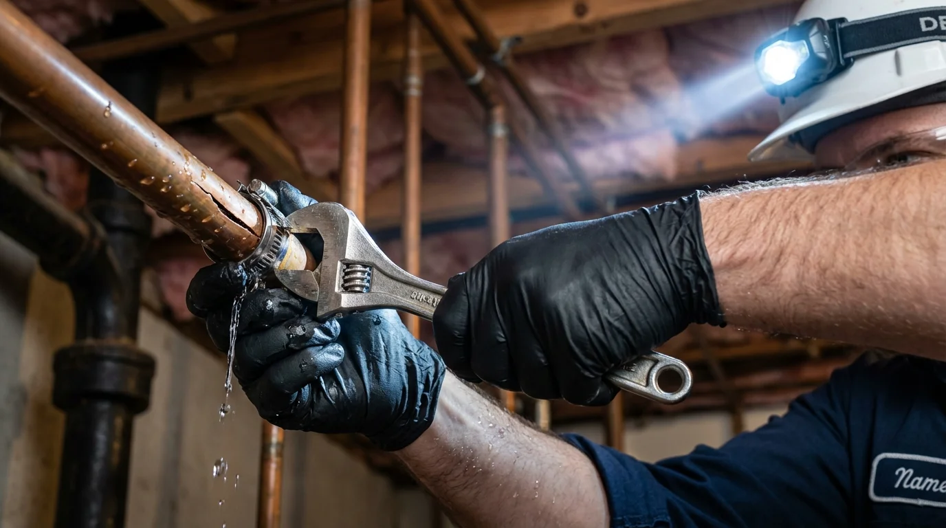 Emergency pipe clamp repair being performed by a Johns Plumbing LLC plumber in Santa Claus