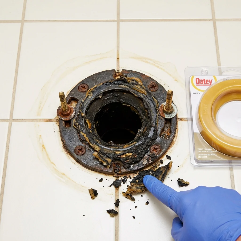 Failed wax ring showing water seepage at the base of a toilet in a Santa Claus, IN home