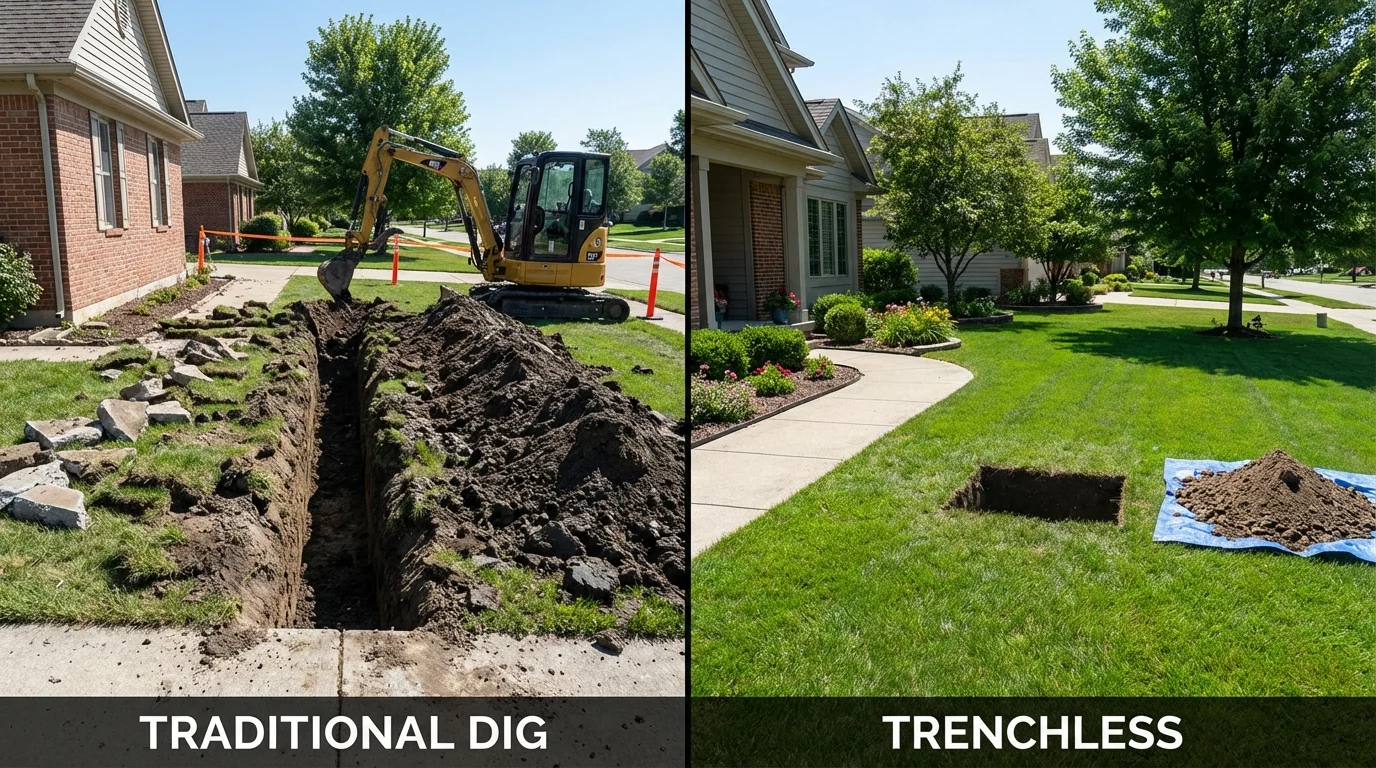 Trenchless sewer repair with minimal yard damage versus traditional excavation in Santa Claus, IN