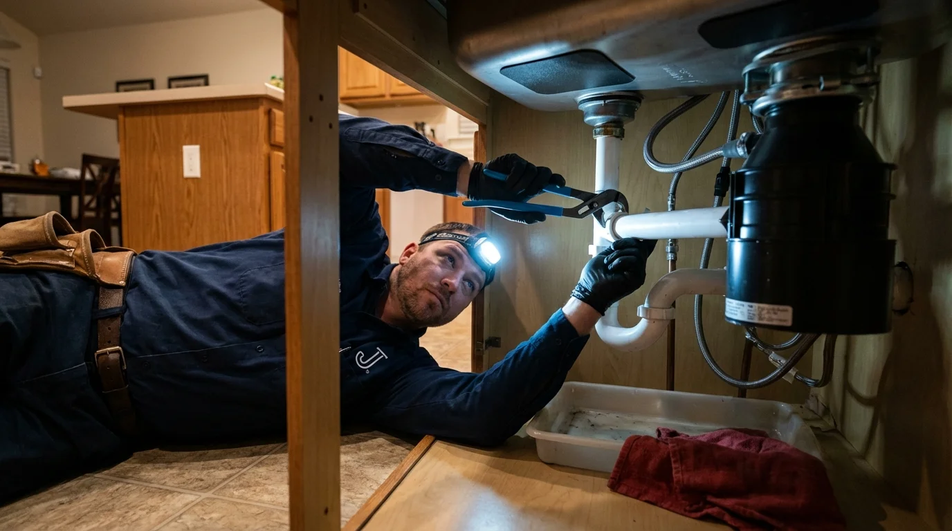 P-trap and supply line connections under a kitchen sink showing a common leak point in Santa Claus, IN